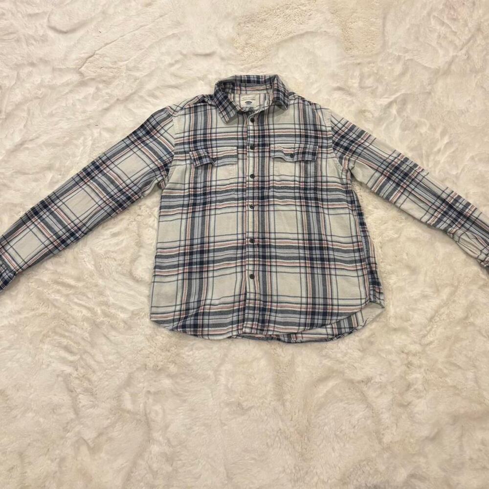 White and Blue Striped Vintage Plaid button